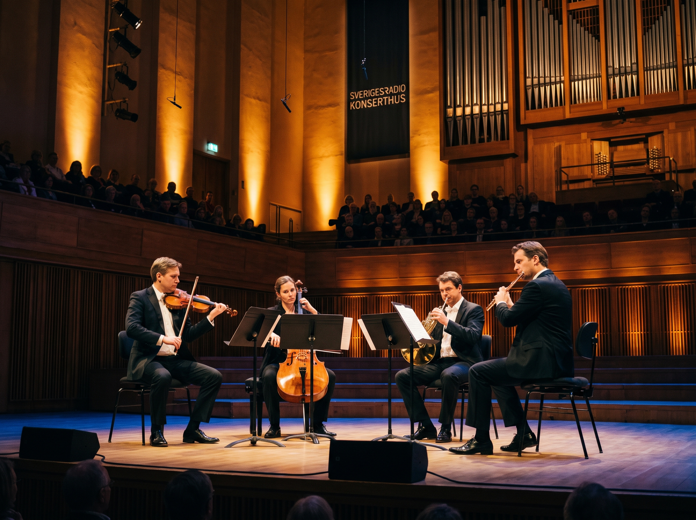 Acoustic ensemble — violin, cello, French horn, and flute players