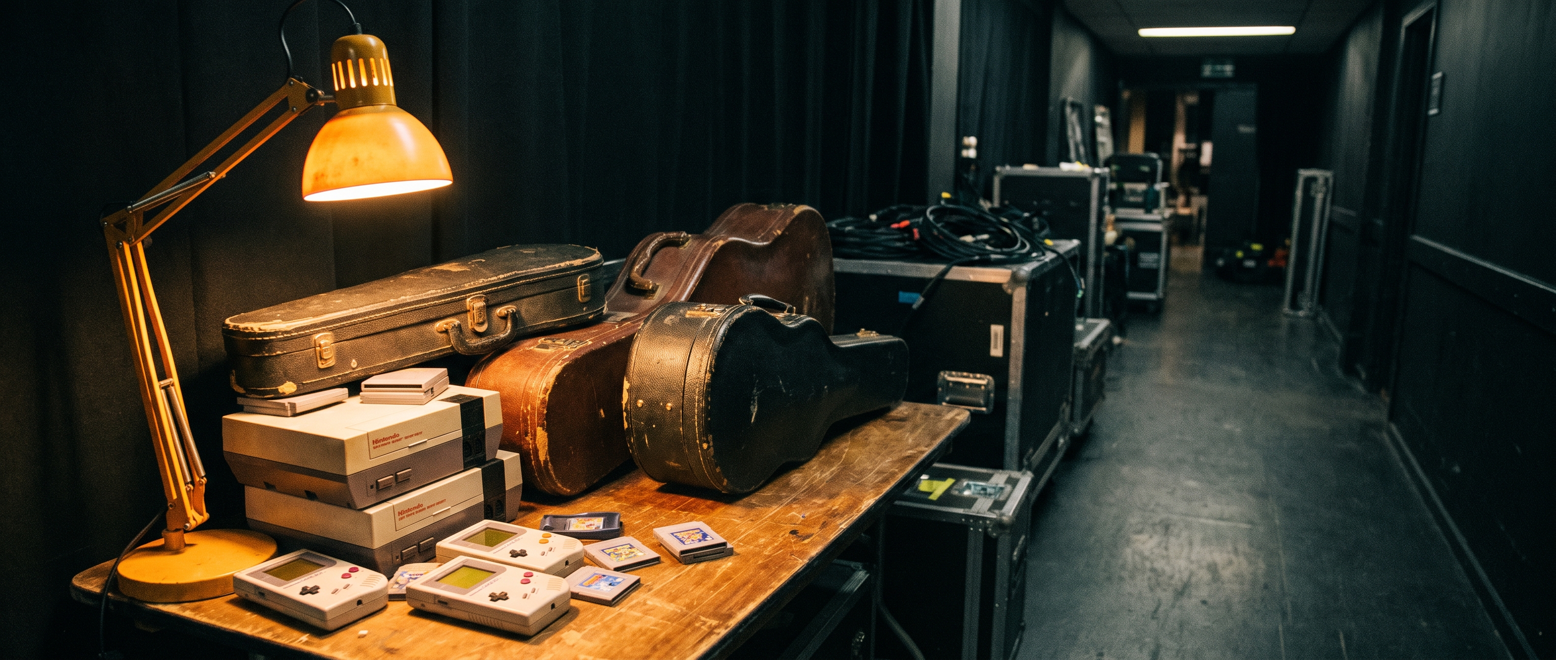 Backstage view — instrument cases and NES consoles arranged before a show