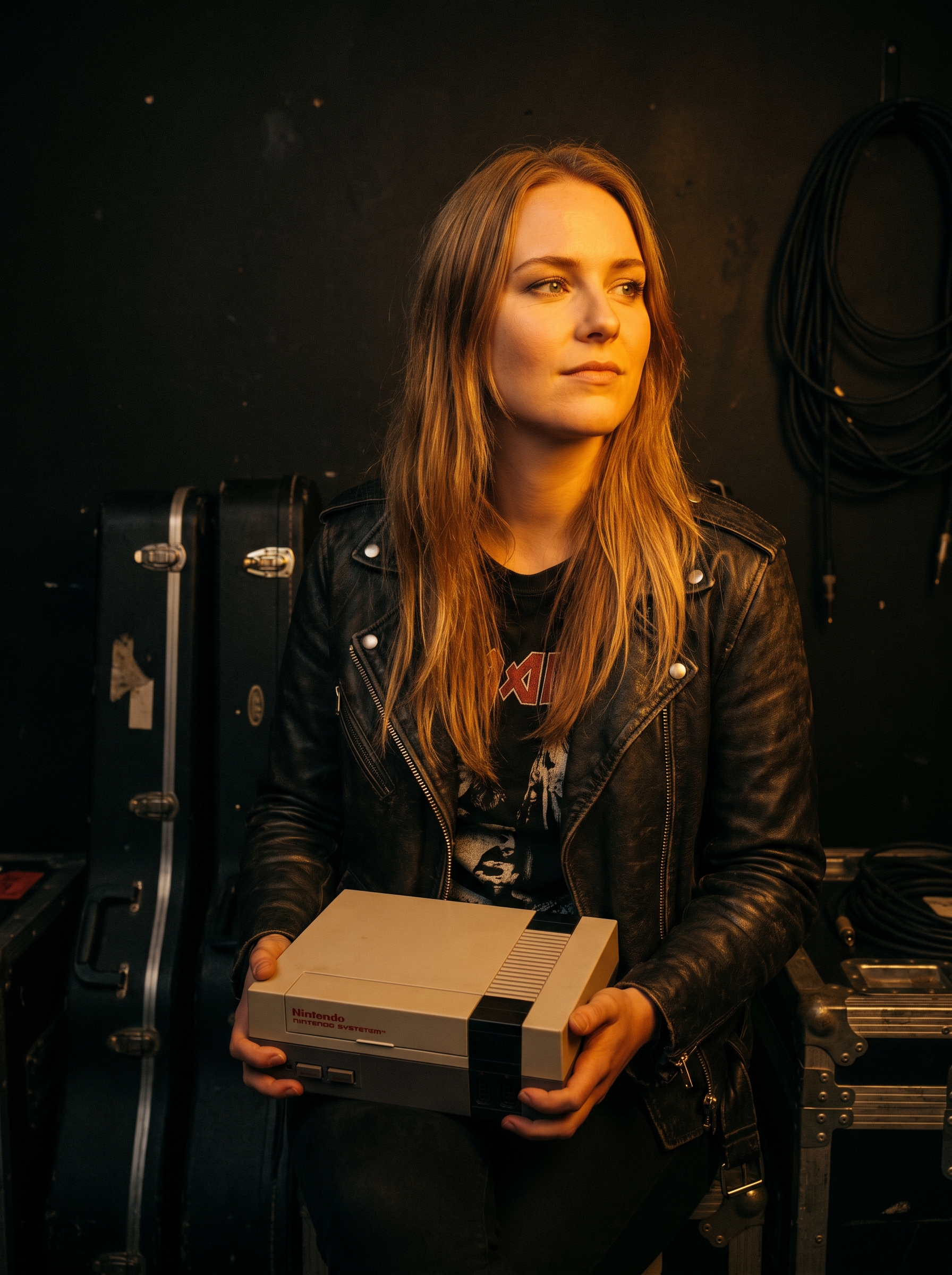 Ensemble founder portrait, backstage with NES console