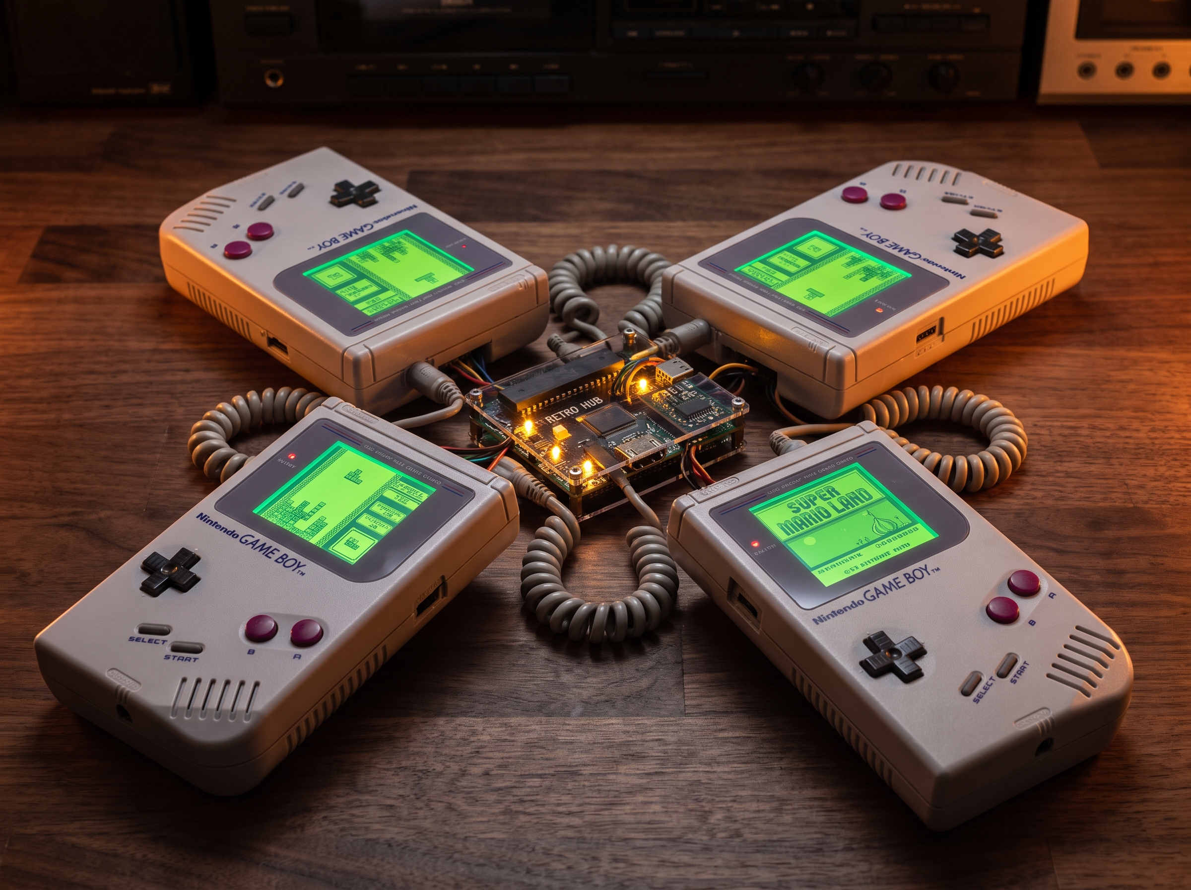 Four Game Boy DMG-01 units linked together with green screens glowing
