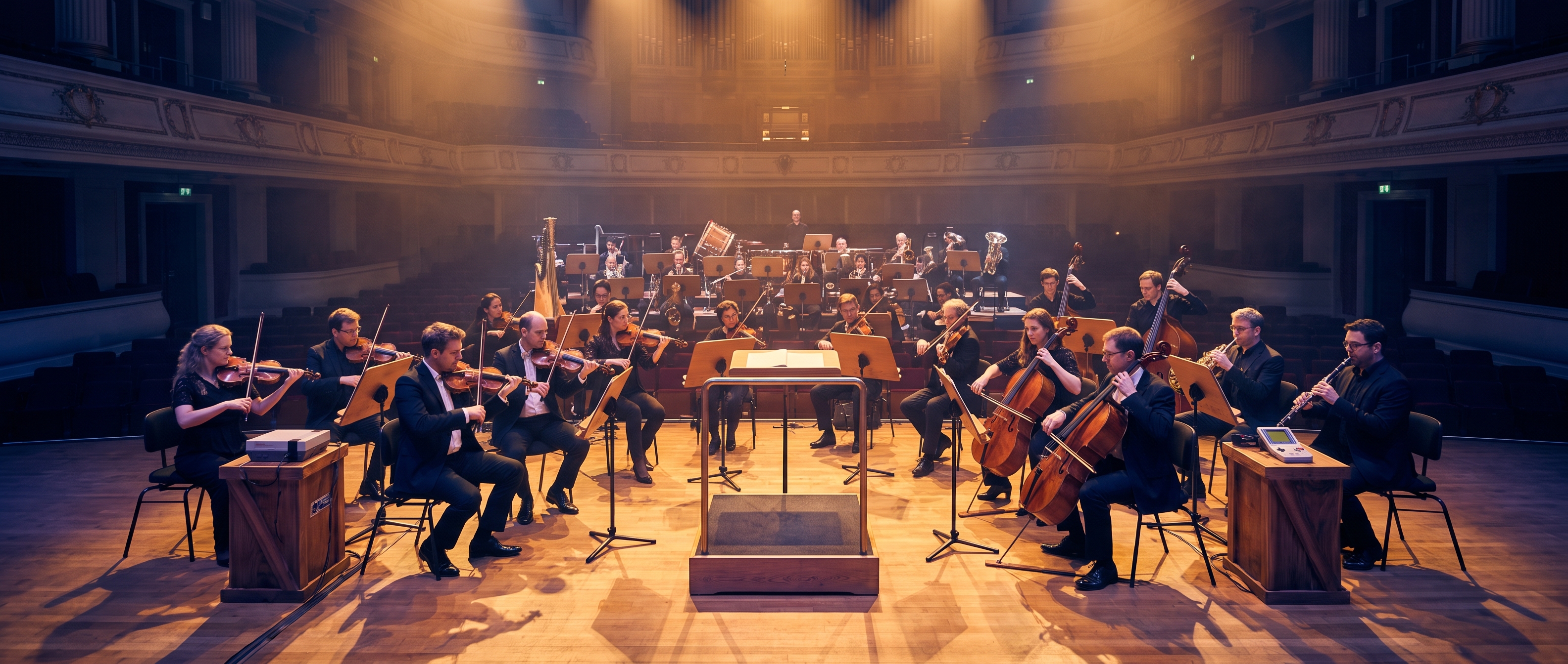 Full ensemble on stage — musicians with instruments alongside NES and Game Boy hardware