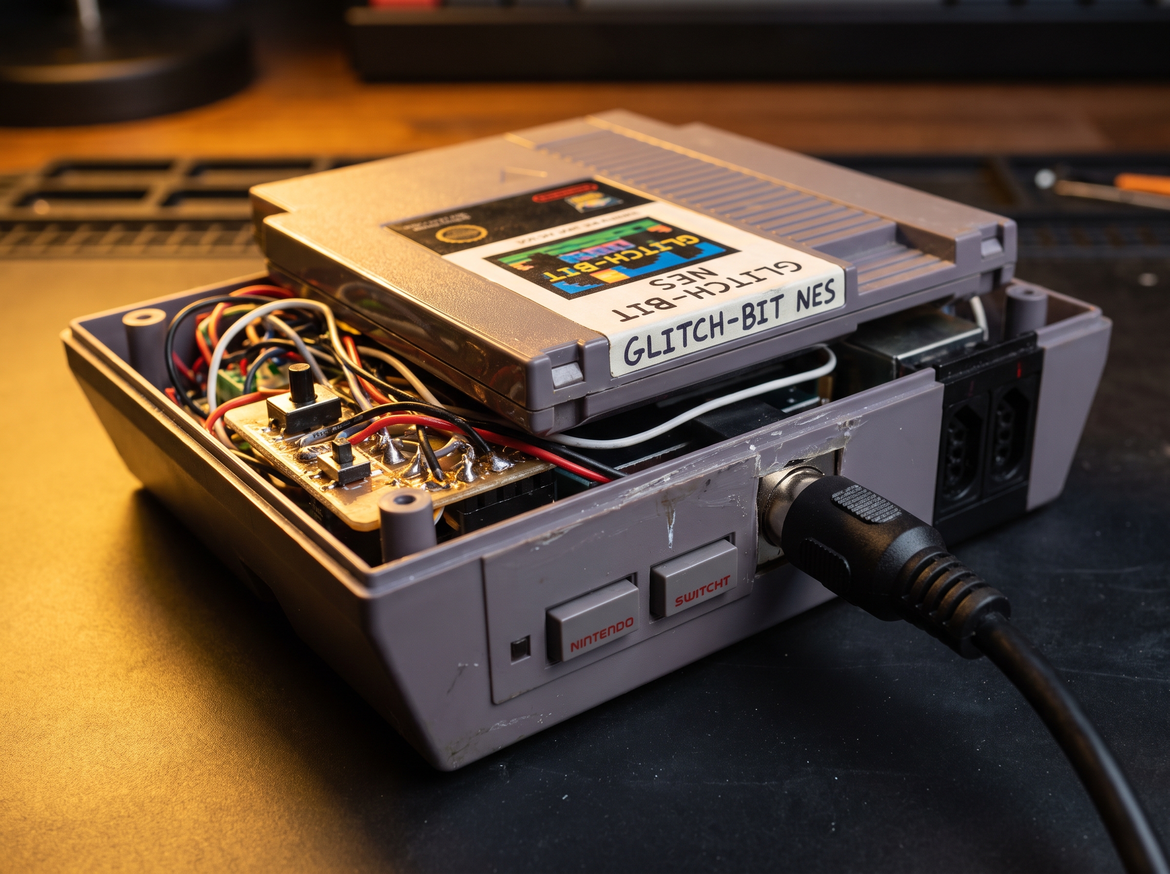 Circuit-bent NES console close-up with soldered mods and custom cartridge