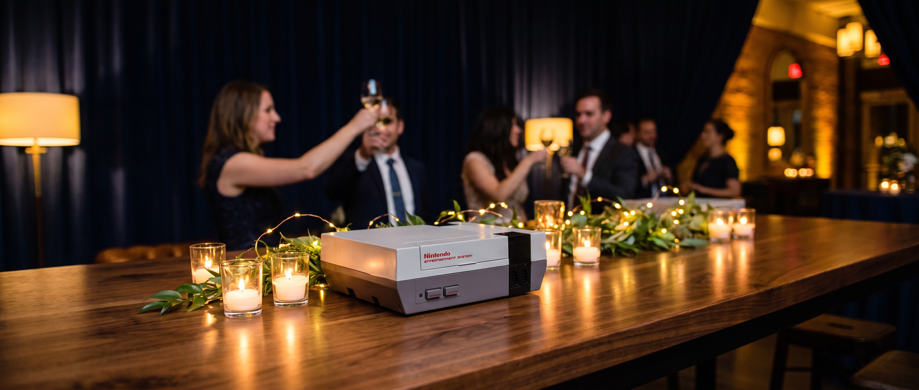 Private event setup with NES console on elegant table