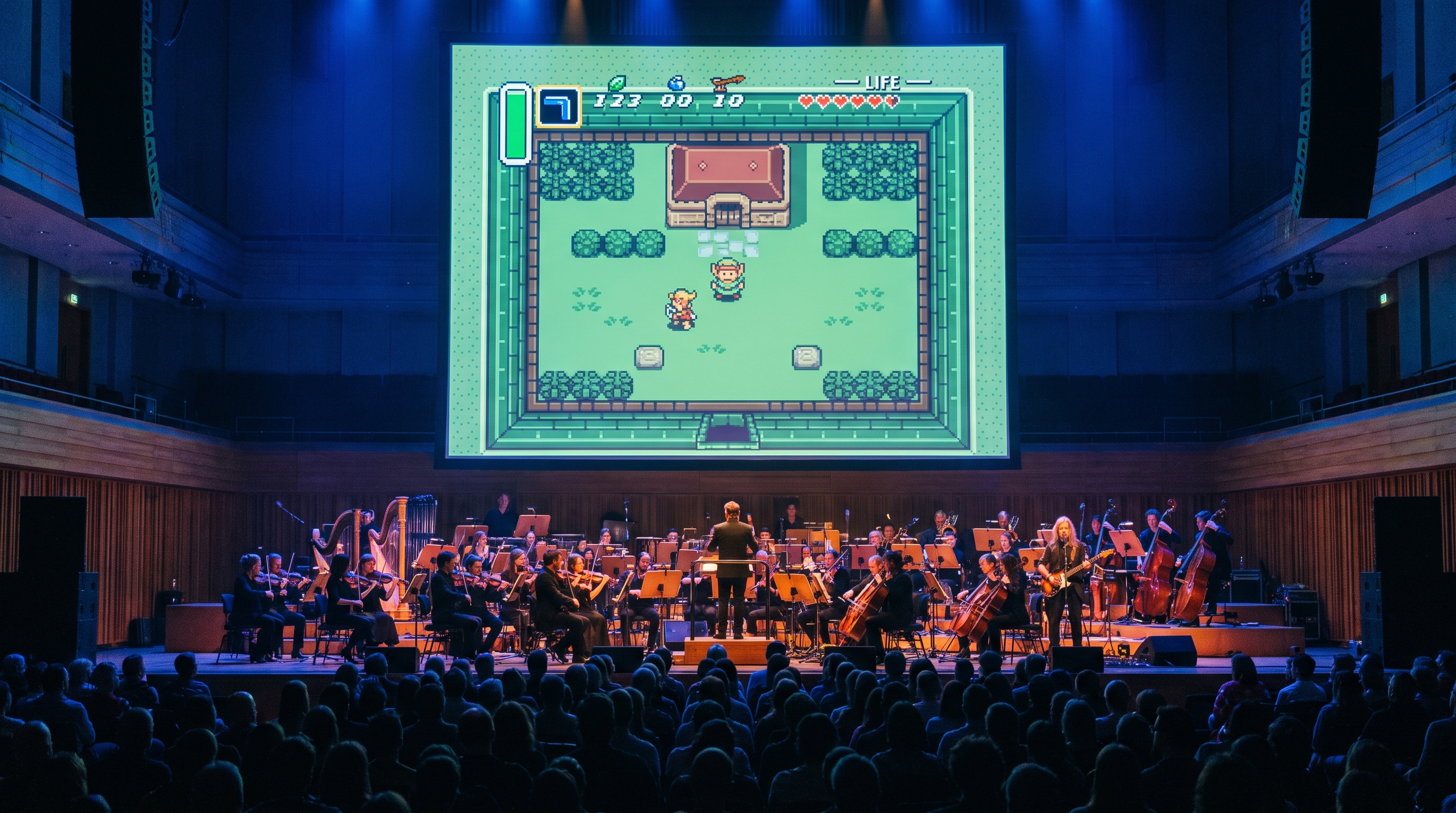 Projected gameplay on concert hall wall with audience silhouettes
