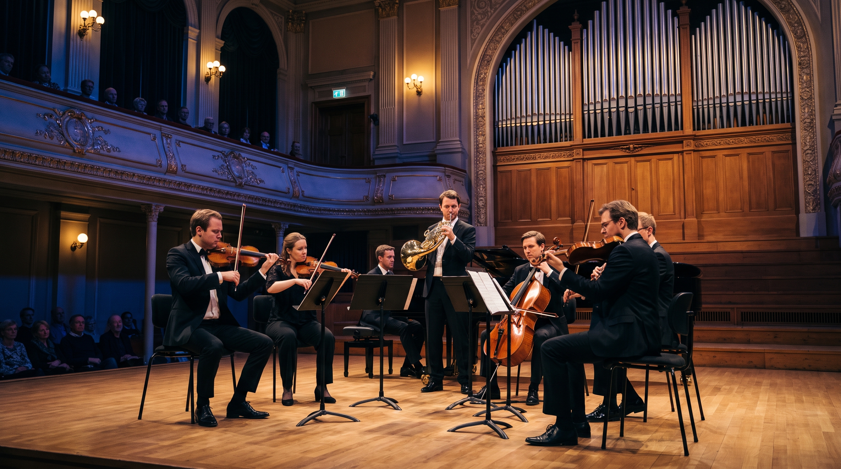 String ensemble performing on stage with warm lighting