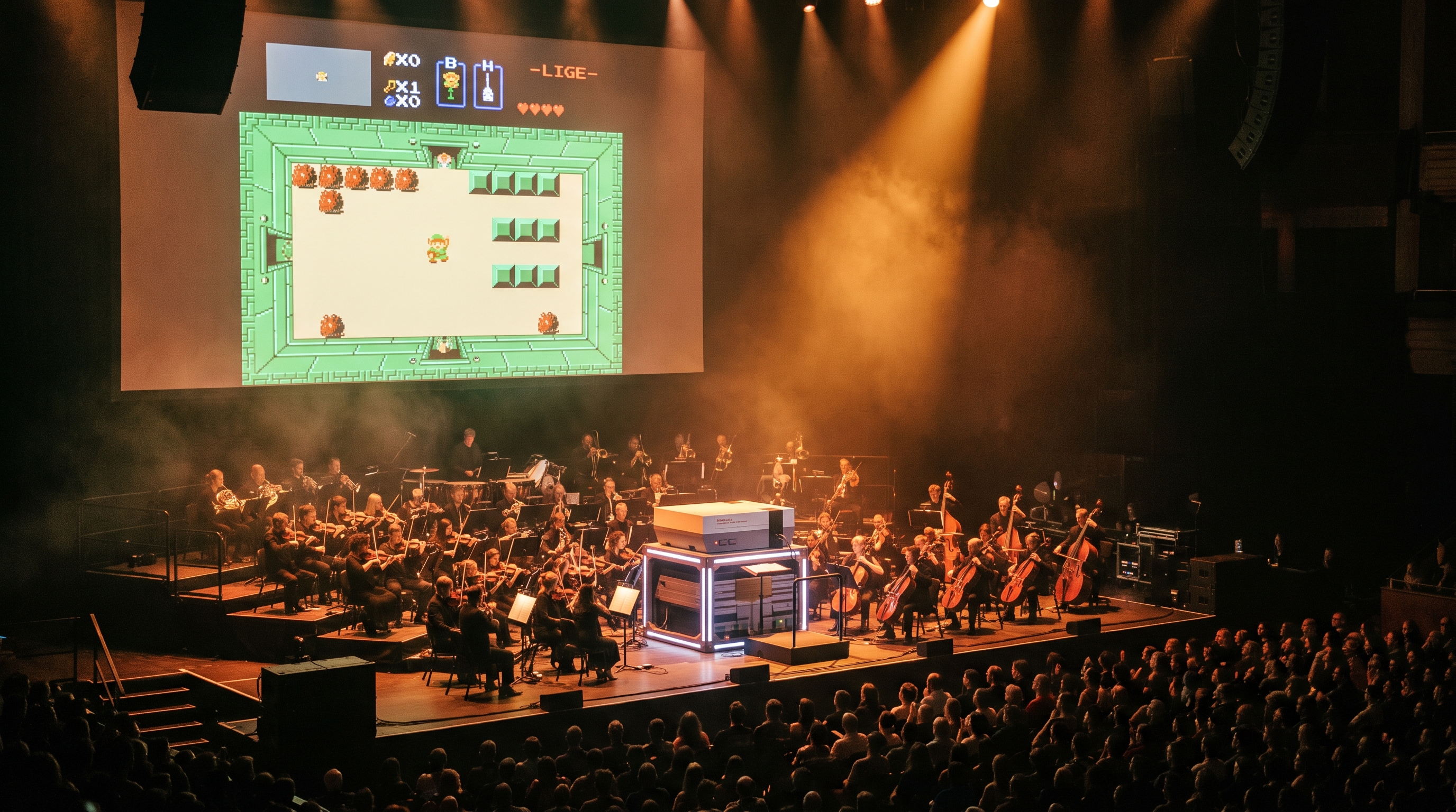 Zelda Medley performance — NES on stage with Hyrule projected